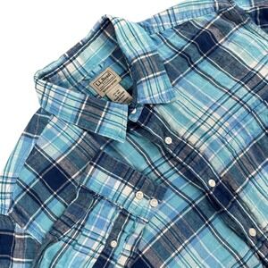 L.L. Bean Shirt Mens XL Blue Plaid Long Sleeve Linen Slightly Fitted Button Down